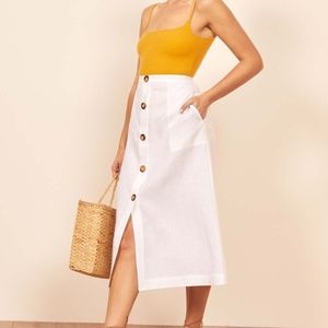 Reformation Highland White Linen Button Midi Skirt